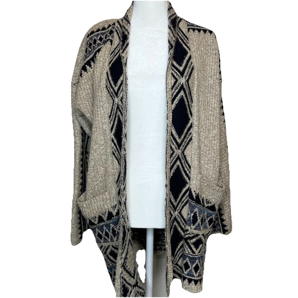 Lucky Brand Aztec Open‎ Cardigan Boho Knit Ivory Blue Festival Women's Size Med